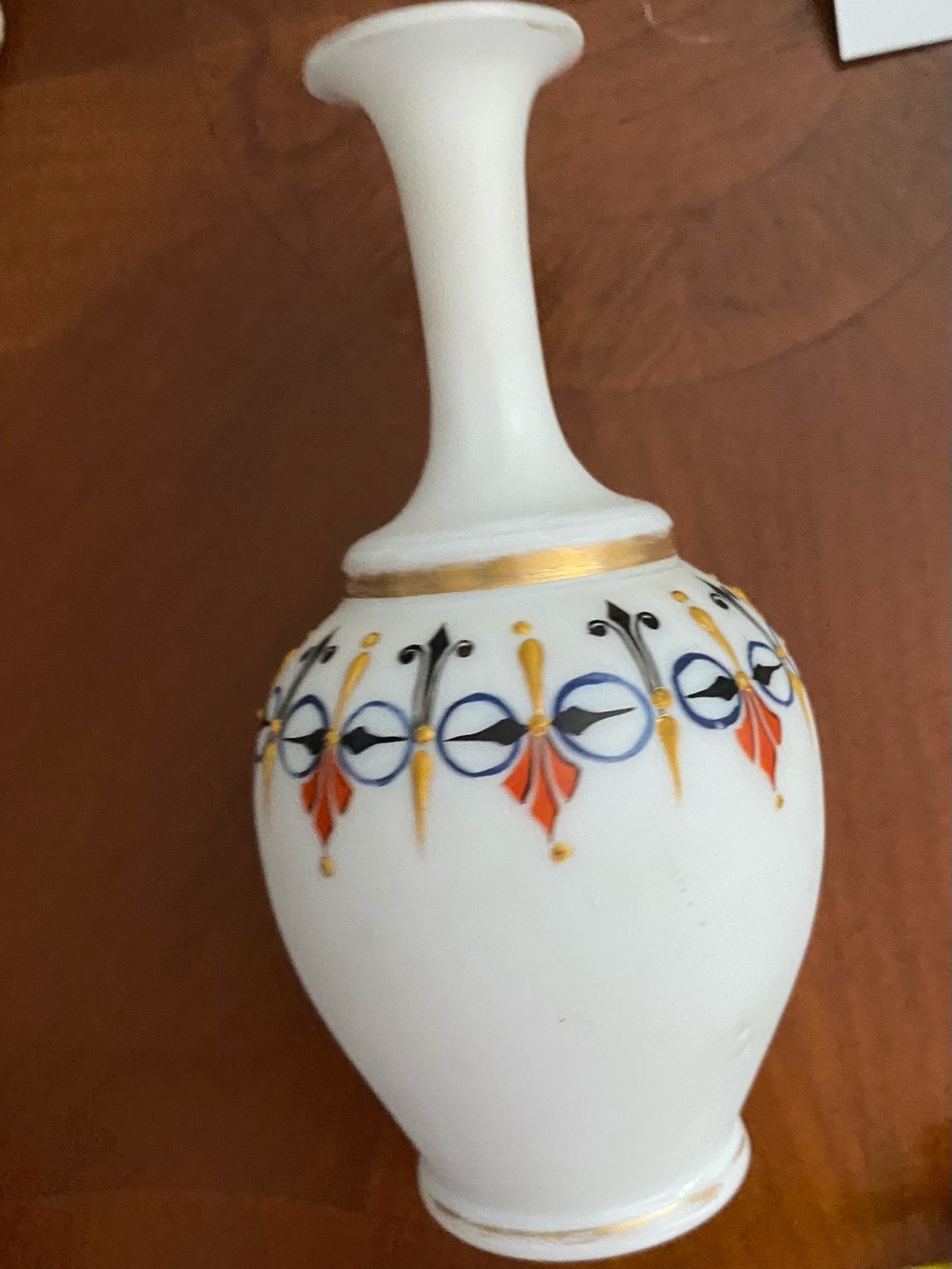 Vintage Bohemian Hand Painted White Opaline Milk Glass Vase Gilt Accent